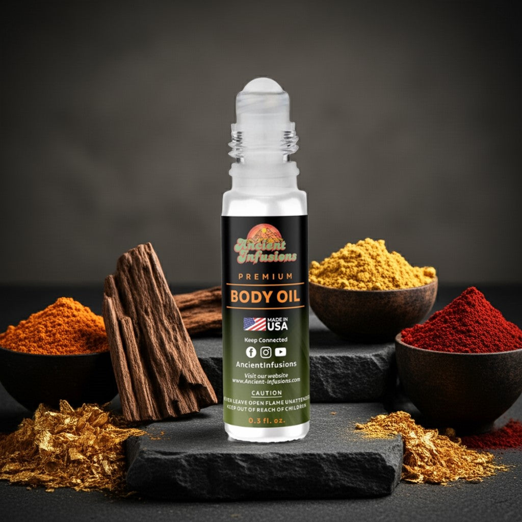 Imported Oud Al Mas Body Oil - Pure and Uncut, Alcohol-Free in glass bottle with Eastern spices and wood background