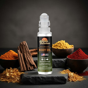 Imported Oud Al Mas Body Oil - Pure and Uncut, Alcohol-Free in glass bottle with Eastern spices and wood background