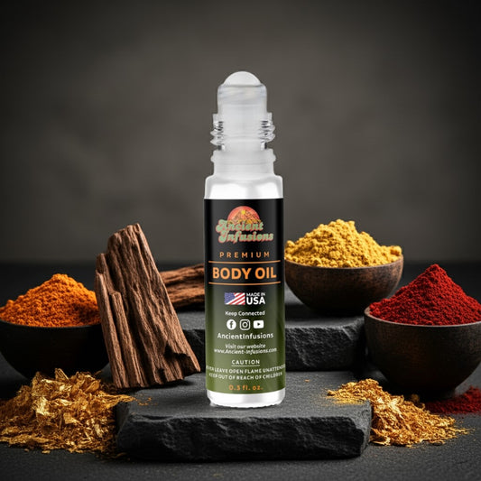 Imported Oud Al Mas Bottle of body oil with spices and herbs on a dark background