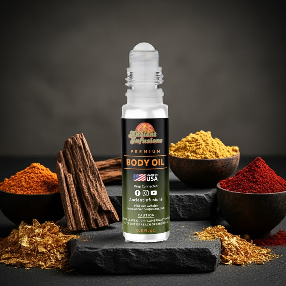 Imported Oud Al Mas Bottle of body oil with spices and herbs on a dark background