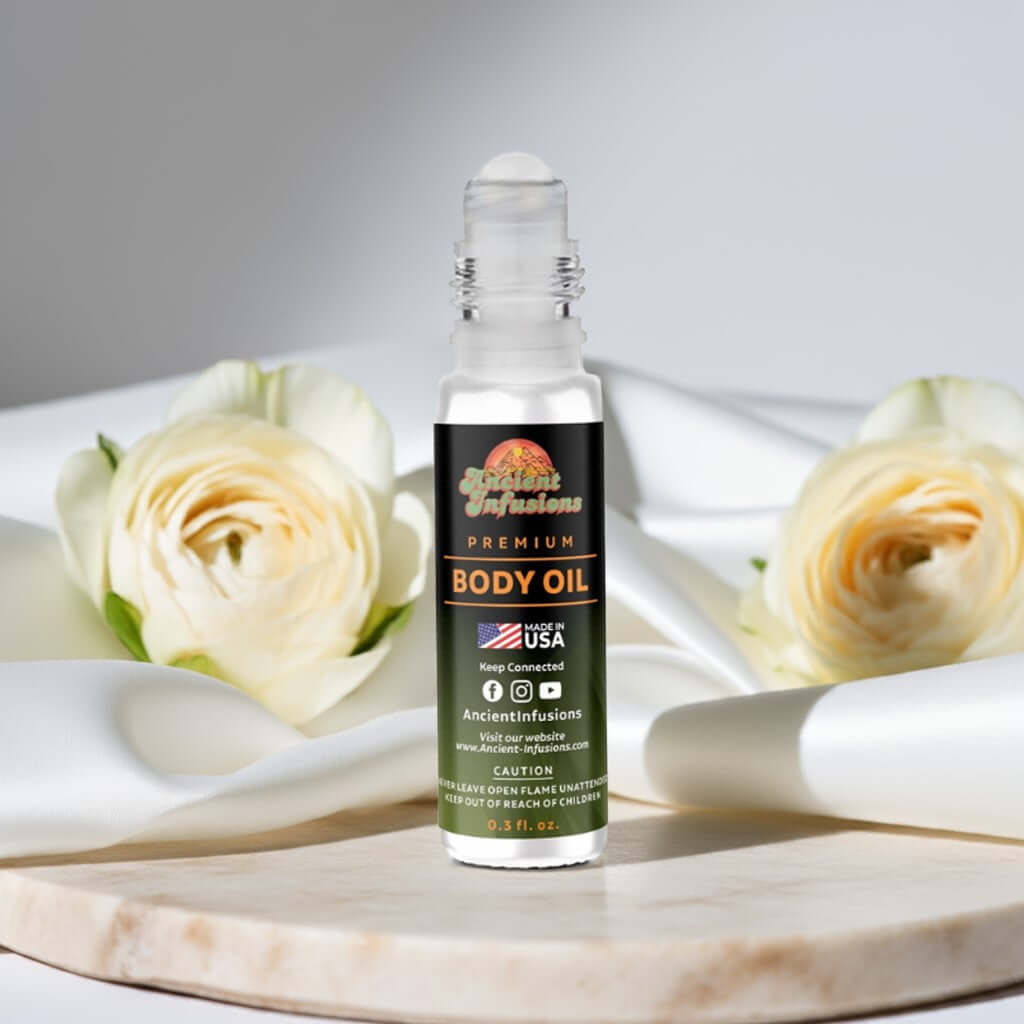 Bottle of Imported Rose Vanilla Body Oil with cream roses in the background on a marble surface.