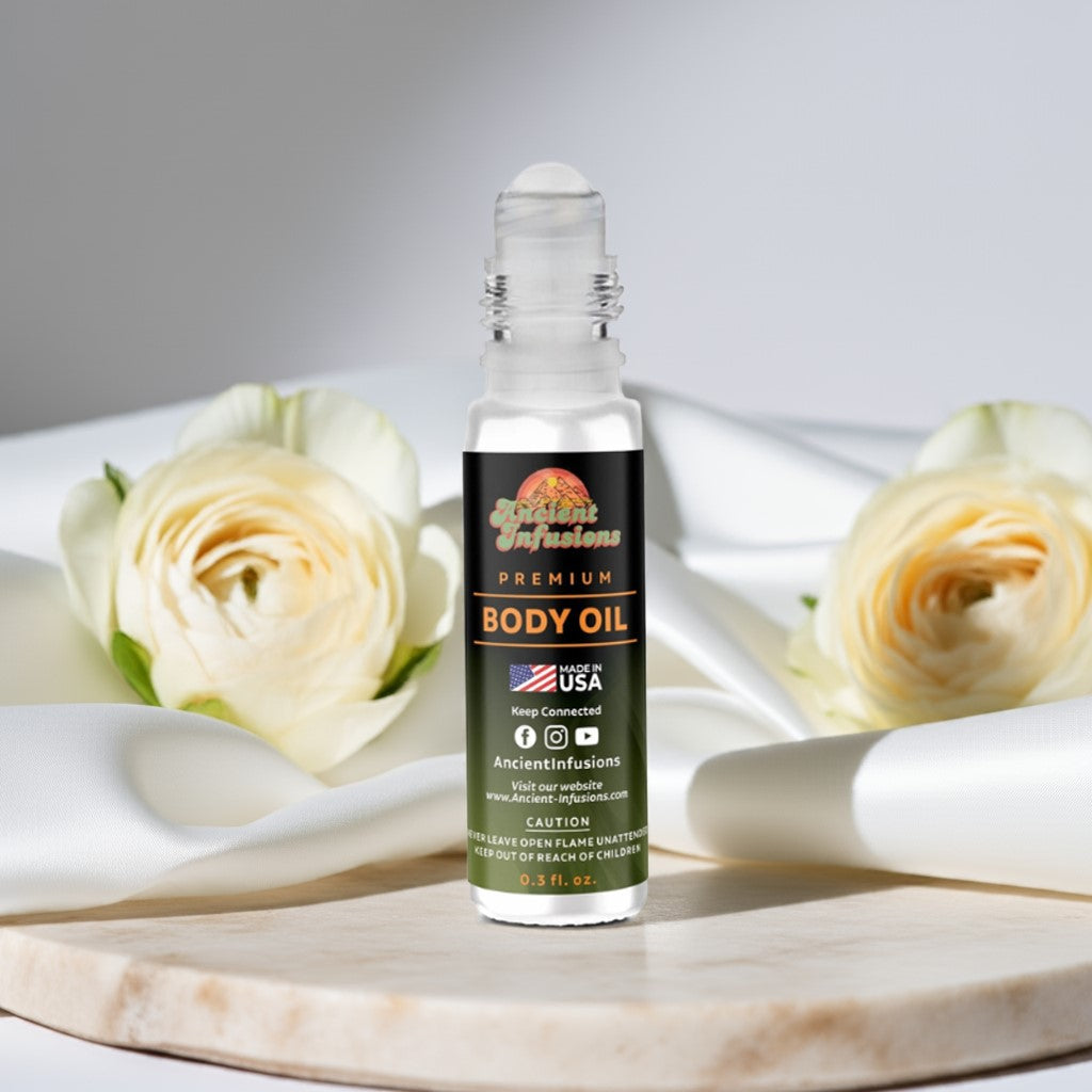 Bottle of Imported Rose Vanilla Body Oil with cream roses in the background on a marble surface.