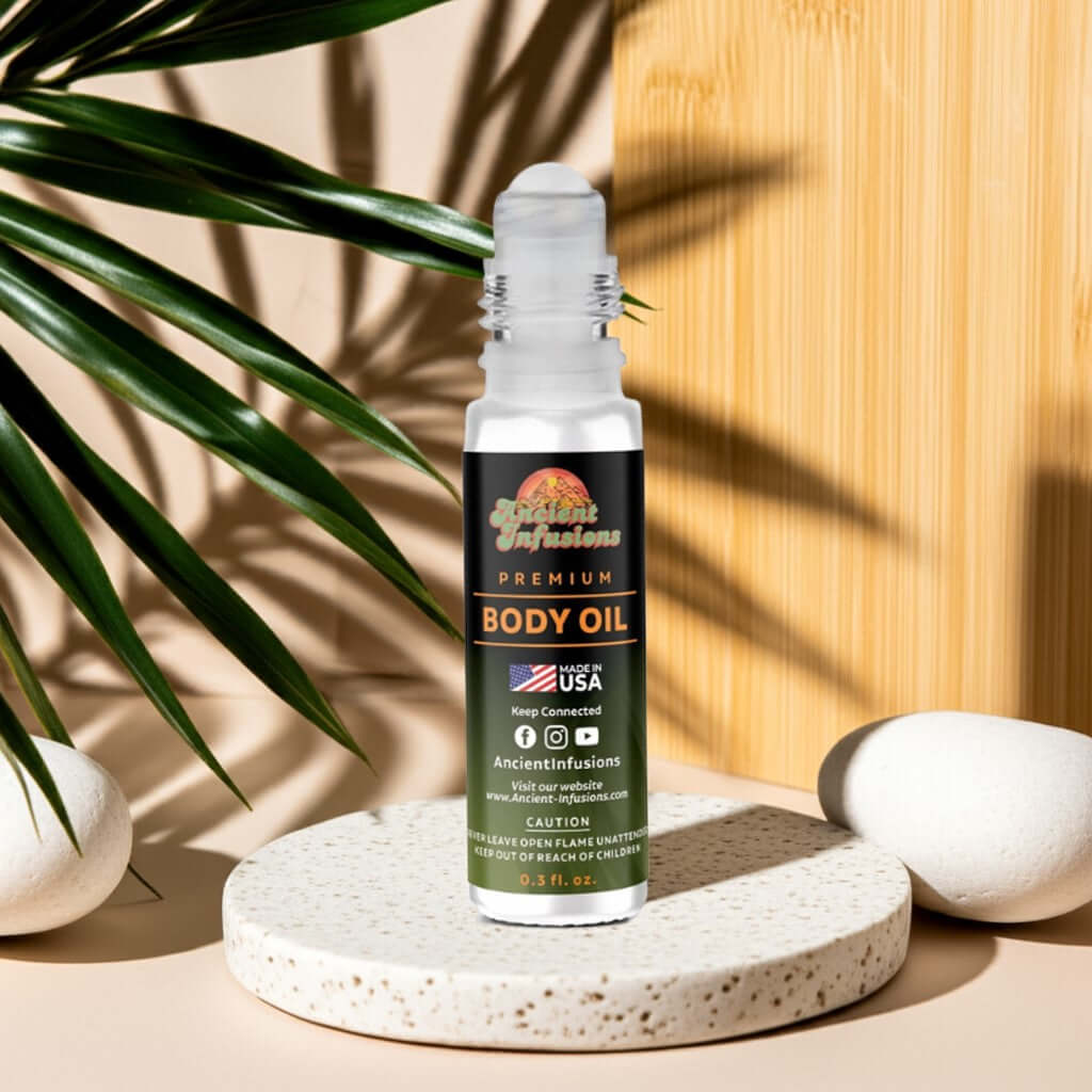 imported white oud Body oil bottle on a stone surface with plants and stones in the background