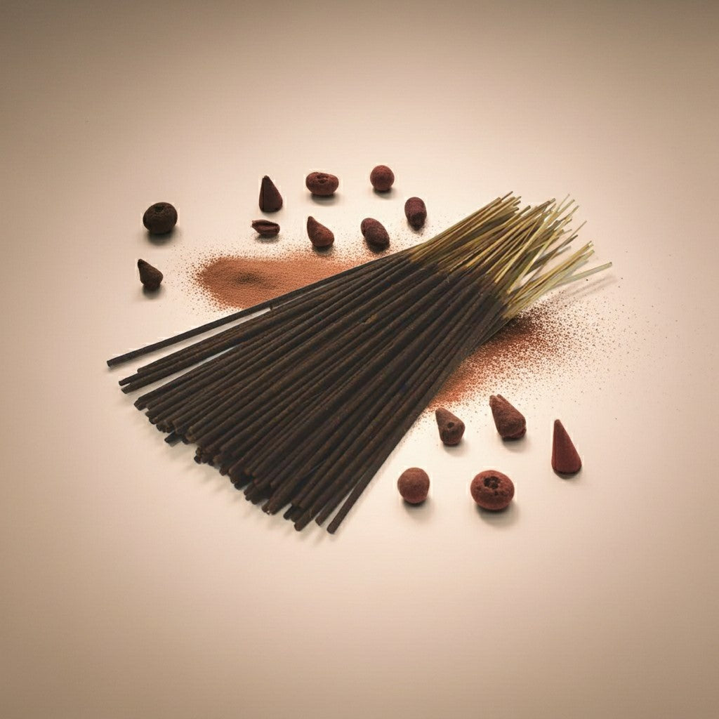 Imported White Oud Incense Sticks with decorative plates and small items on a beige background