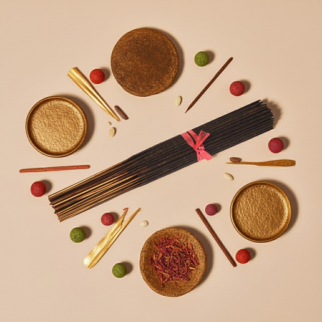 Imported White Oud Incense Sticks with decorative plates and small items on a beige background