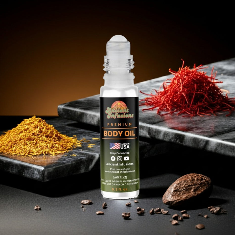 Initio Oud for Greatness Inspired Body Oil on marble with spices display