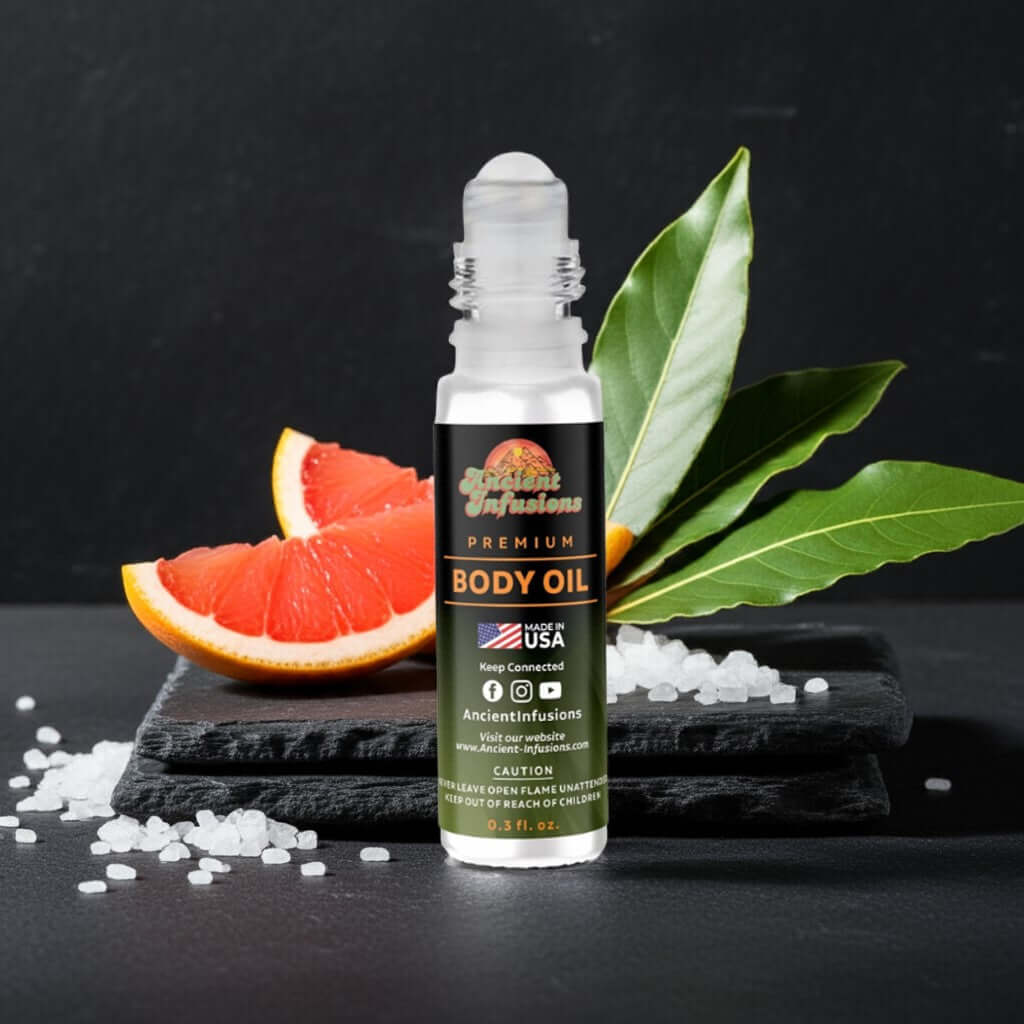 Bottle of Paco Rabanne Invictus Victory Inspired Body Oil with citrus and leaves backdrop