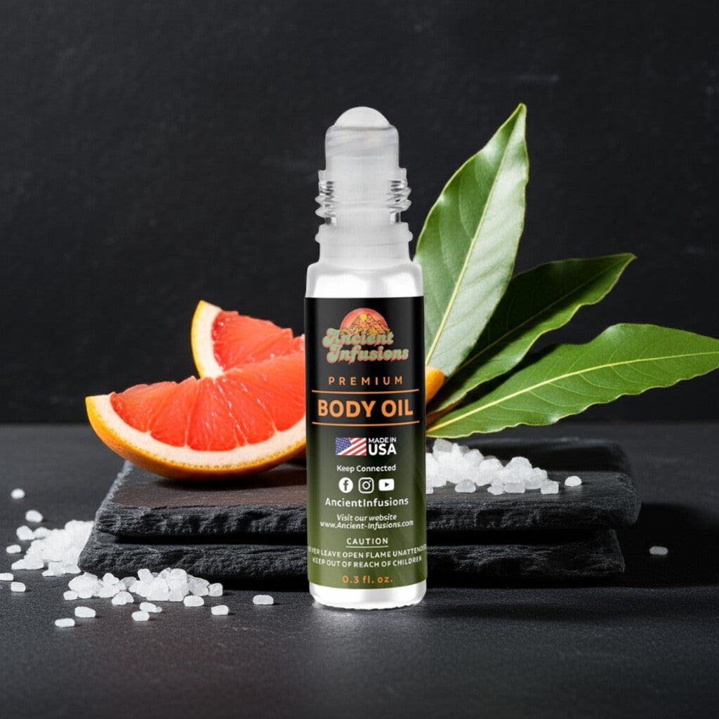 Invictus Body oil bottle with grapefruit and leaves on a dark background