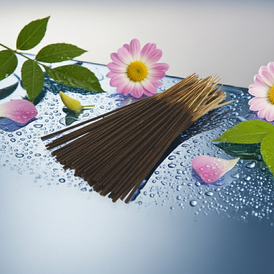 Issey Miyake Inspired Incense Sticks with flowers and leaves on a reflective surface