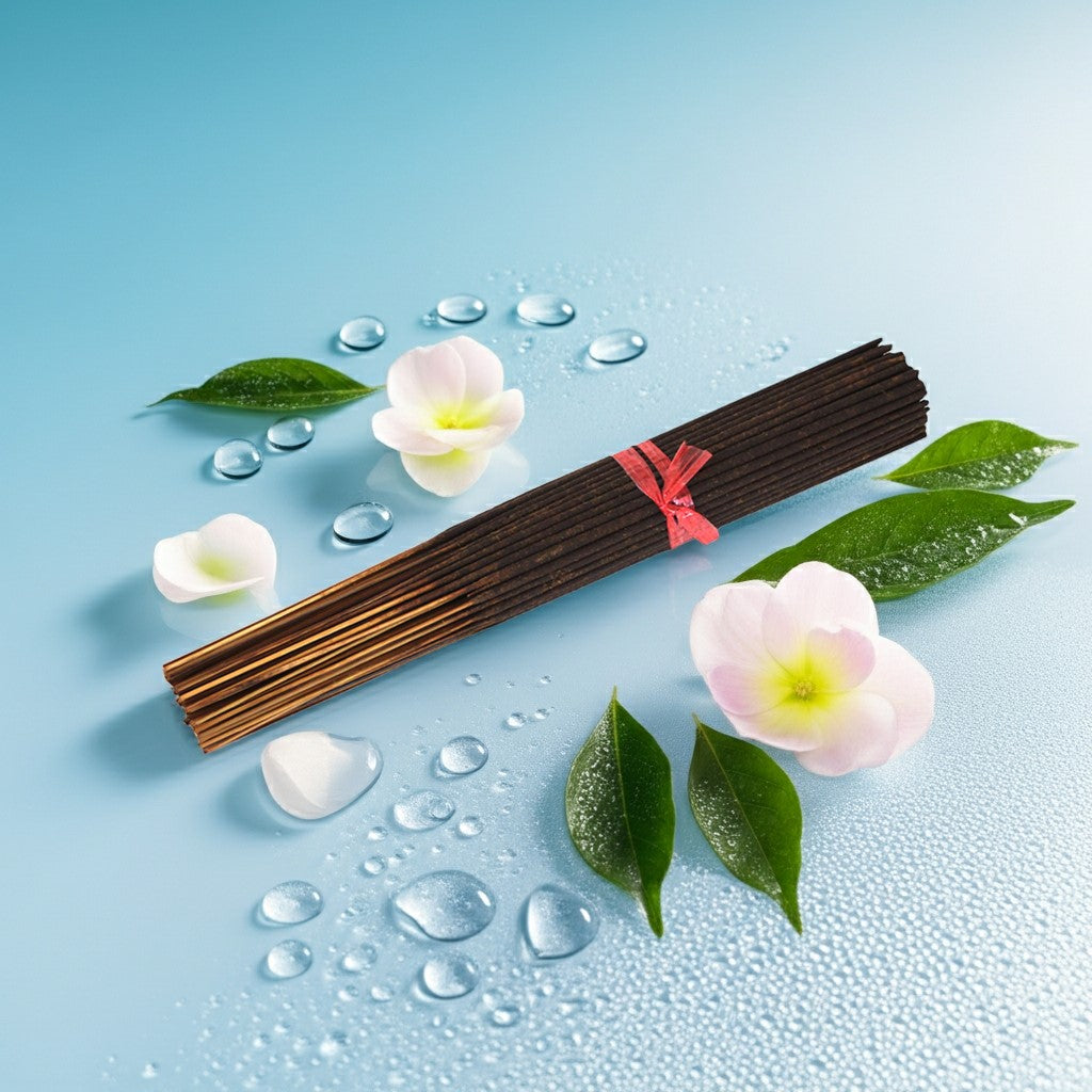 Issey Miyake Inspired Incense Sticks with a pink ribbon on a blue background with flowers and water droplets