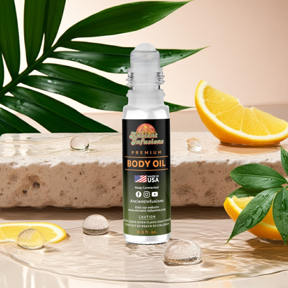 Issey Miyake Body oil bottle with lemon slices and leaves on a neutral background