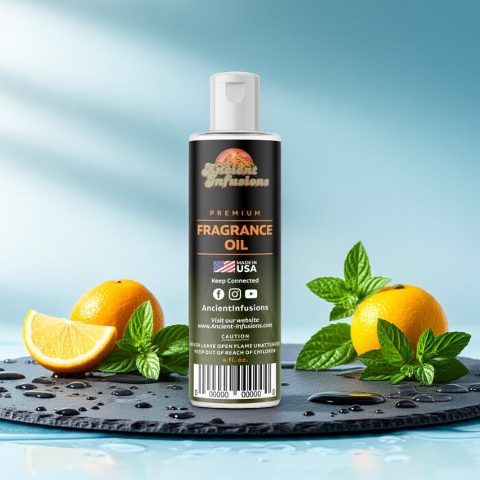 Bottle of Ancient Infusions fragrance oil with oranges and mint leaves on a blue background