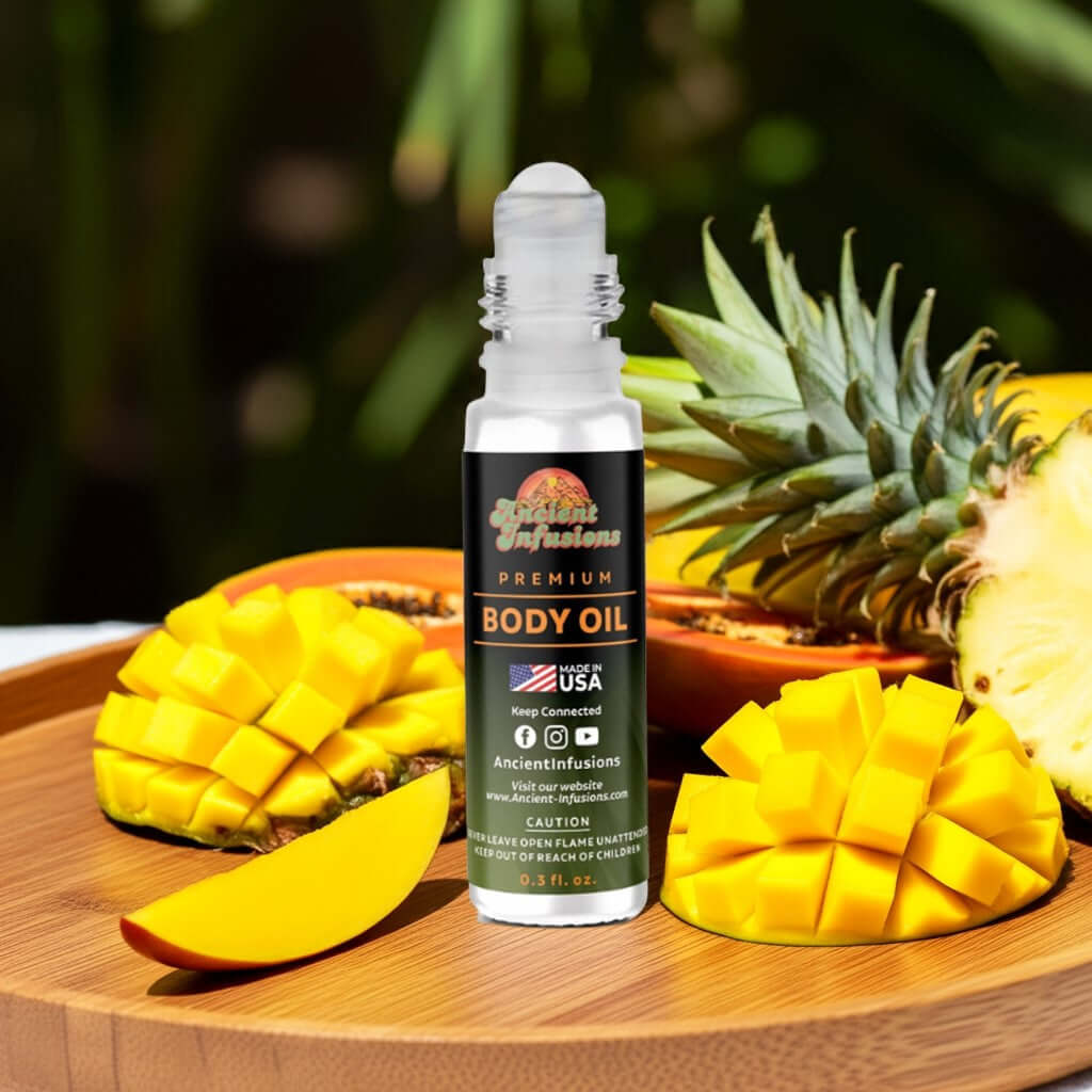 Jamaican Fruit Body Oil with tropical fruits, pure and uncut, alcohol-free, vibrant fruity aroma, bottled in USA.