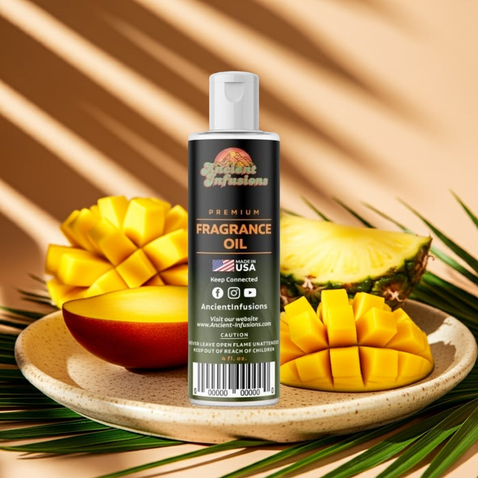 Fragrance oil bottle with mangoes and pineapple on a plate against a warm background