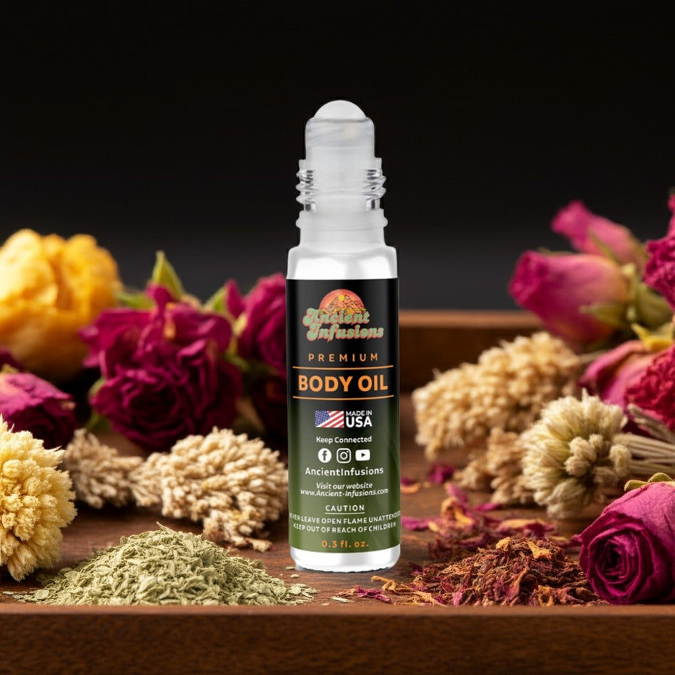 Jannatul Firdaus Body oil bottle with flowers on a dark background