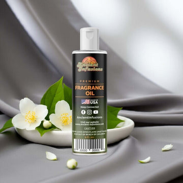 Jasmine Fragrance Oil - Pure & Uncut bottle with jasmine flowers. Premium scent made in USA.