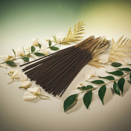 Jasmine Incense Sticks with floral and leaf decorations on a light green background