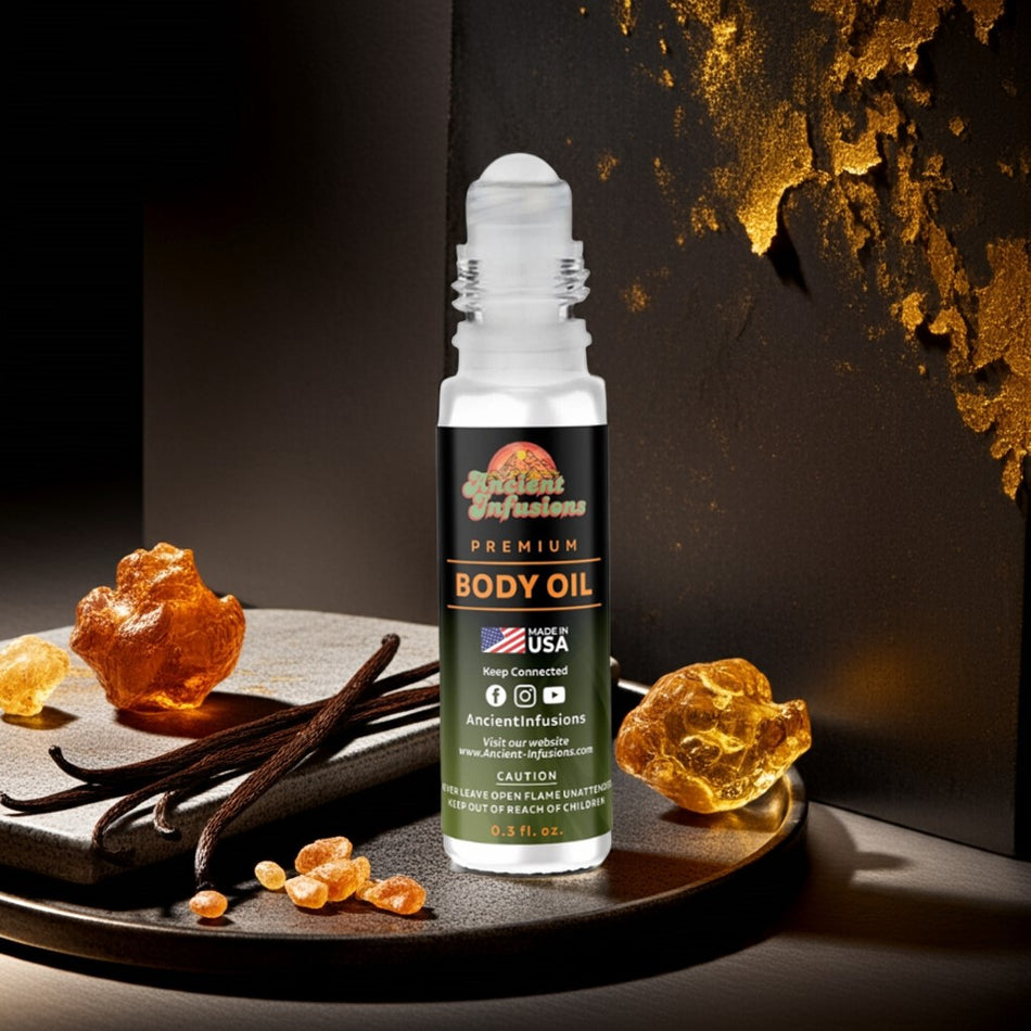 Jay Z Gold Body oil bottle with vanilla beans and amber gummy bears on a dark surface