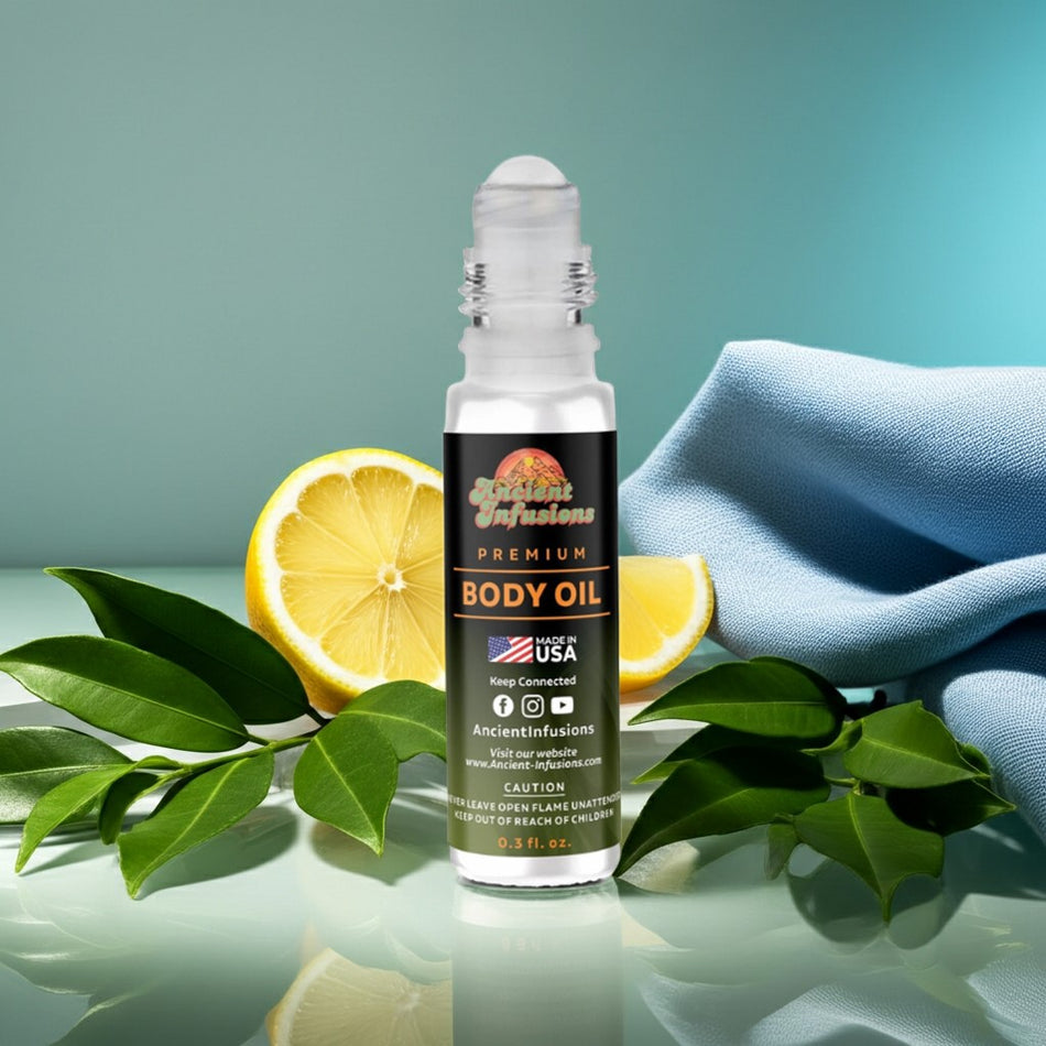 Jimmy Choo Man Ice Inspired Body Oil with citrus notes and sleek packaging, featuring a lemon and greenery background.