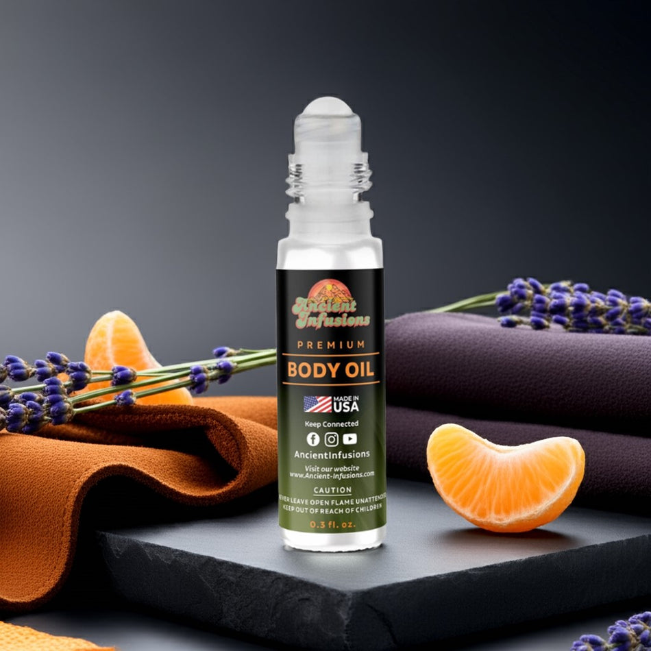 Jimmy Choo for Men inspired body oil standing upright on a black stone tray with a citrus and suede-inspired setting