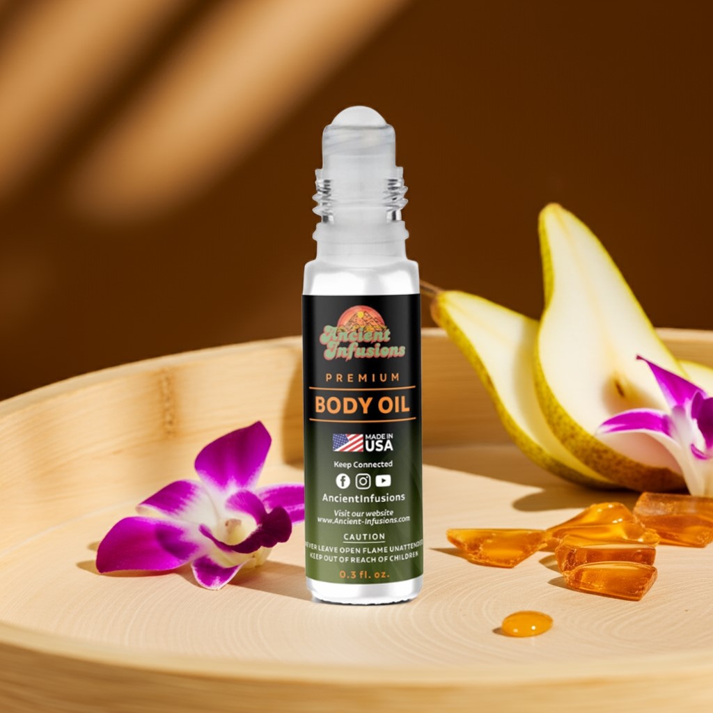 Jimmy Choo for Women inspired body oil roll-on standing upright with floral and toffee notes in the background