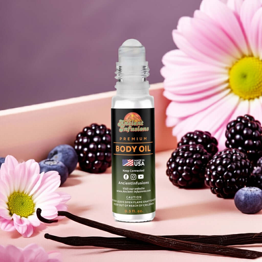 Juicy Couture inspired body oil standing upright on a bright tray with fruity and floral background