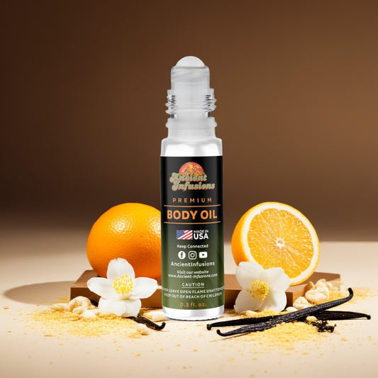 Khloé Kardashian inspired body oil roll-on on a neutral tray with soft floral and citrus notes around