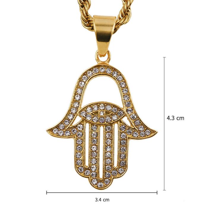 Kids Hamsa Evil Eye Necklace in 18k Gold with Stainless Steel Chain and Cuban Zircons by Ancient Infusions.