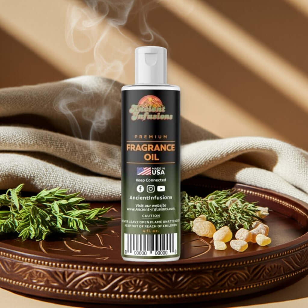 Kush Fragrance Oil with earthy and herbal notes on a wooden tray for grounding and meditation.