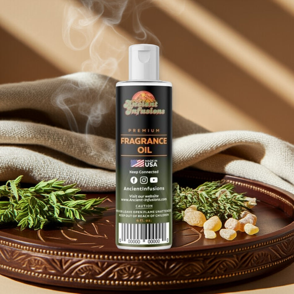 Fragrance oil bottle with smoke, greenery, and amber stones on a wooden tray.