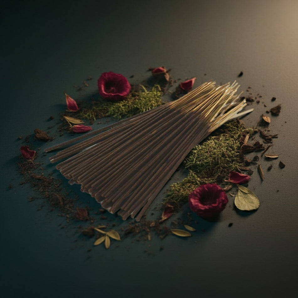 Kush Incense Sticks with dried herbs and red flowers on a dark surface