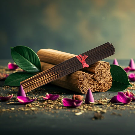 Kush Incense Sticks with a red ribbon on a dark surface with leaves and flowers.