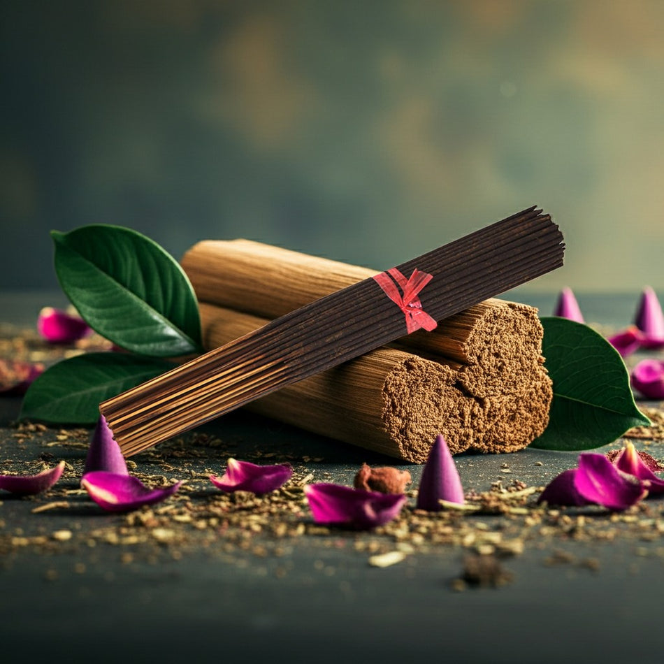 Kush Incense Sticks with a red ribbon on a dark surface with leaves and flowers.