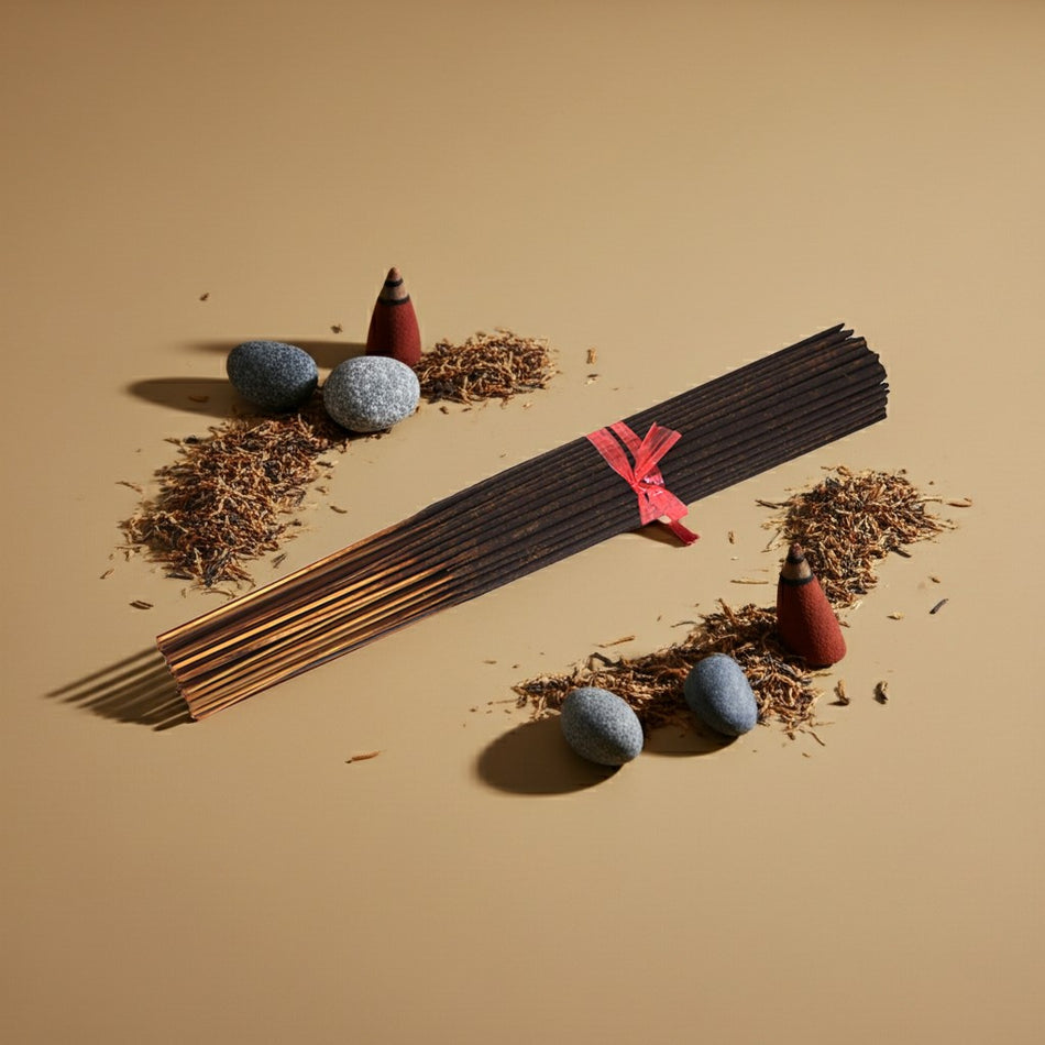 Lagerfeld Incense Sticks with a red ribbon on a beige background