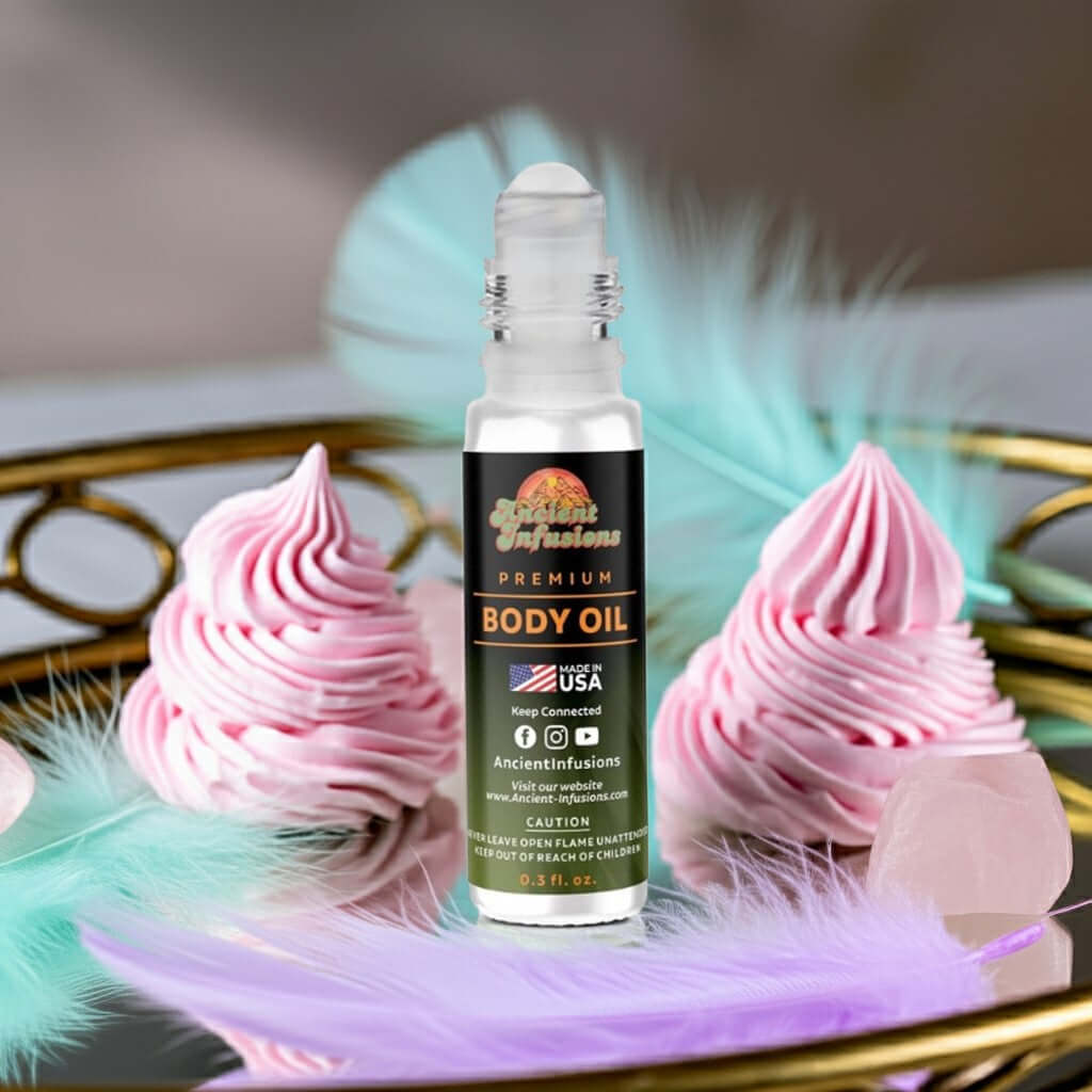 Lattafa Yara Pink Inspired Body Oil roll-on with pink whipped decor and feathers in a luxurious setting.