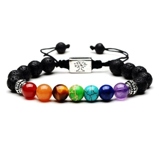 Lava Stone 7 Chakra Adjustable Rope Bracelet with Tree of Life - Healing Properties and Balance Benefits.