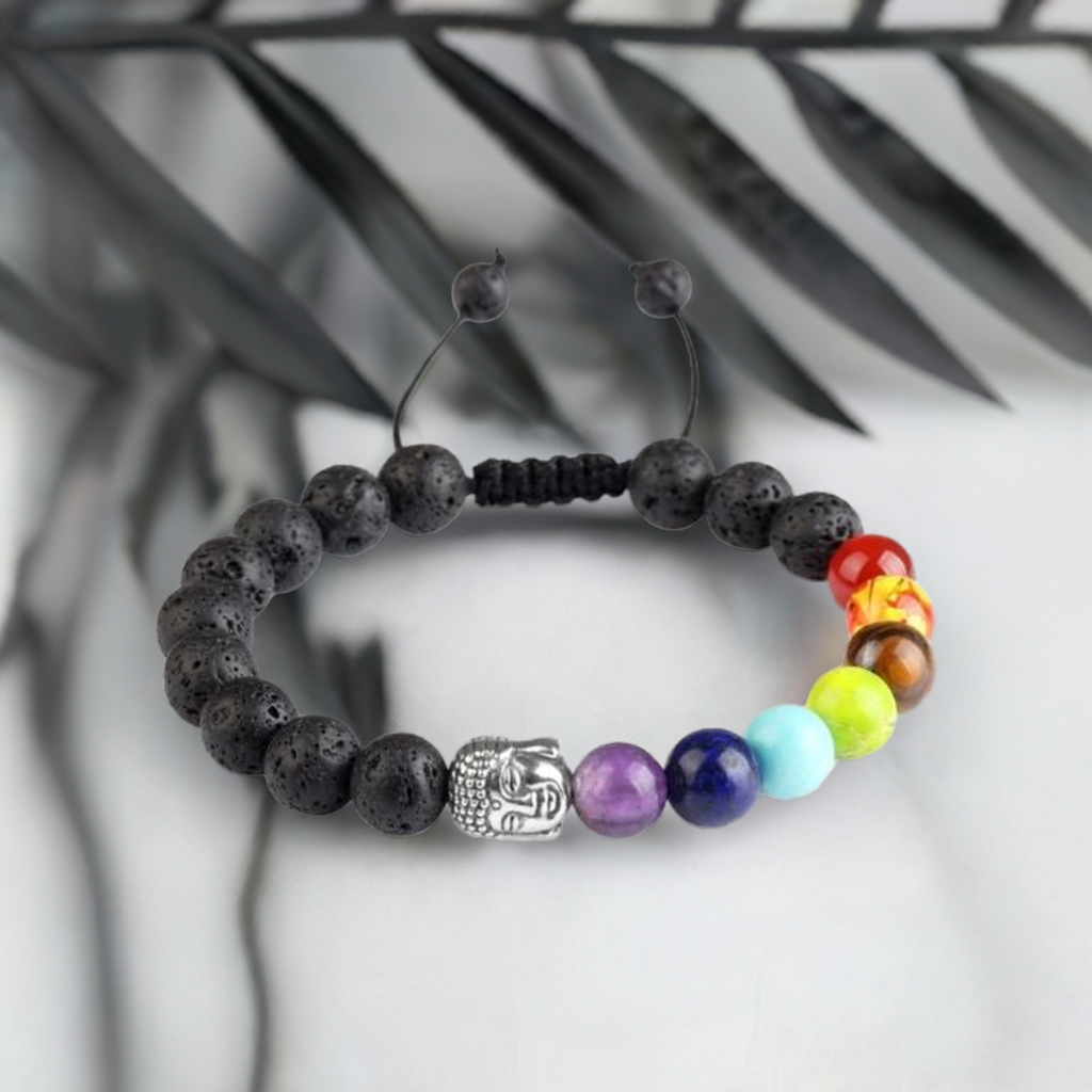 Lava Stone 7 Chakra Adjustable Rope Bracelet with Buddha Head – Balance and Spiritual Protection for Men and Women.