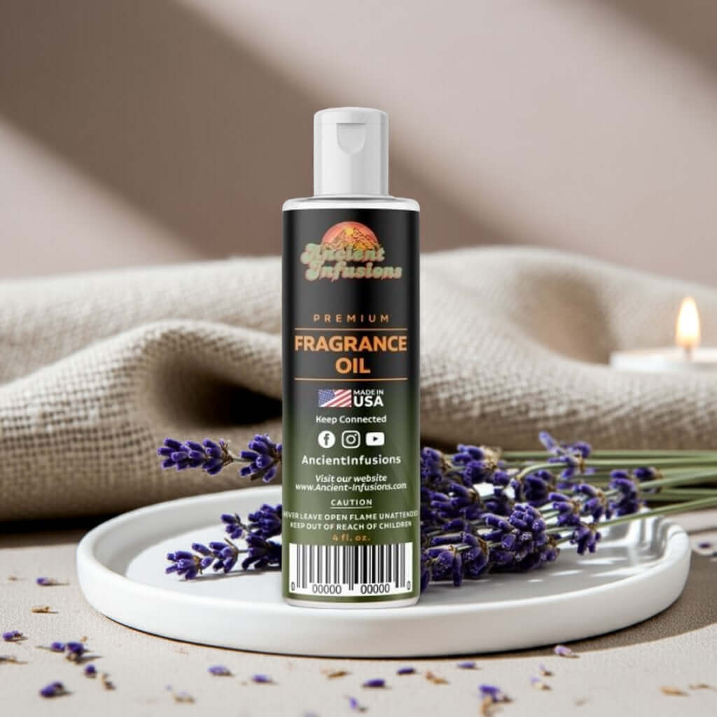 Lavender Fragrance Oil bottle on tray with lavender sprigs, ideal for calming aromatherapy and self-care.