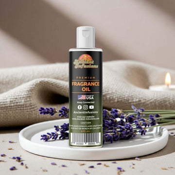 Lavender Fragrance Oil bottle on tray with lavender sprigs, ideal for calming aromatherapy and self-care.