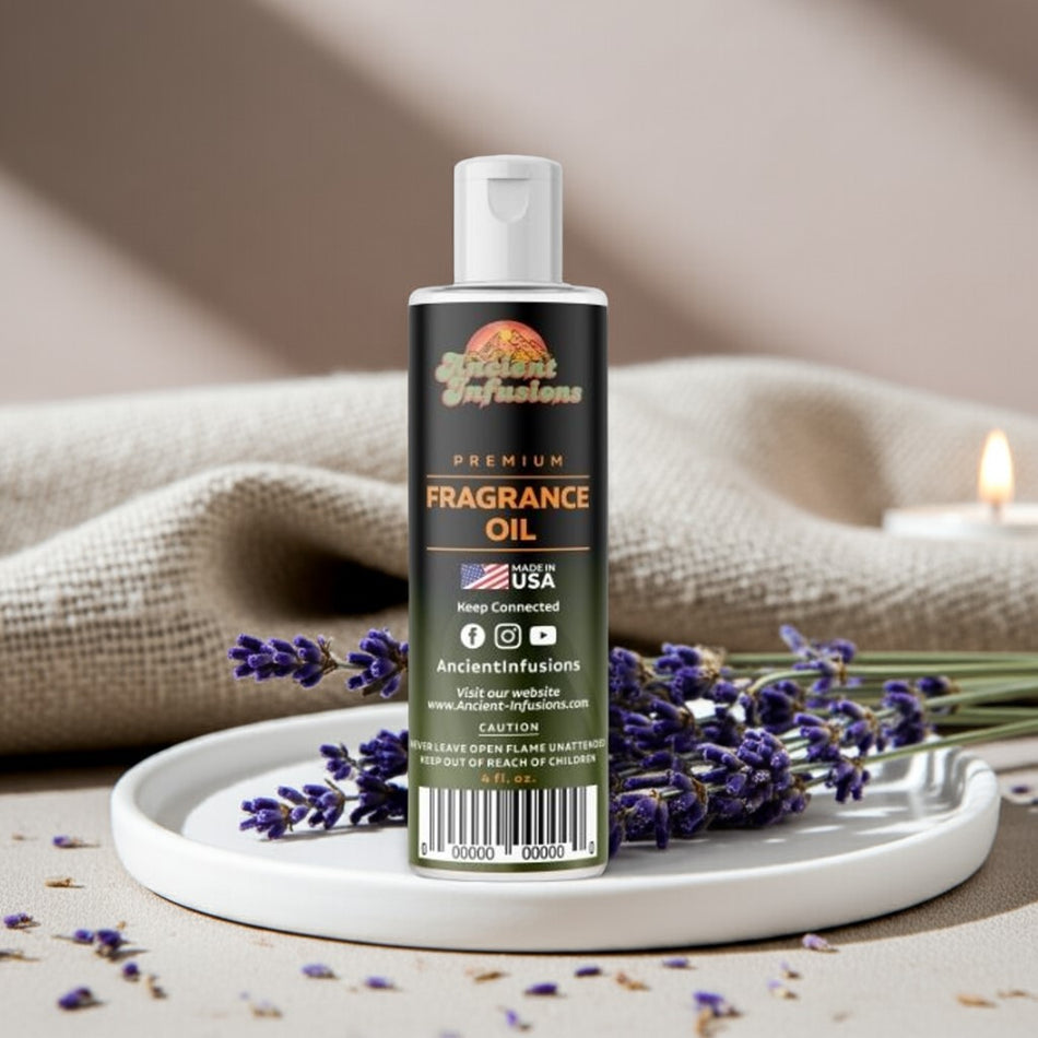 Bottle of Ancient Infusions fragrance oil with lavender flowers on a tray