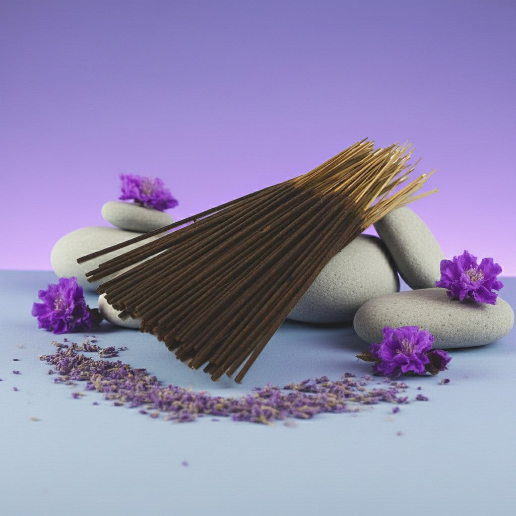 Lavender Incense Sticks with purple flowers and stones on a light blue surface against a purple background