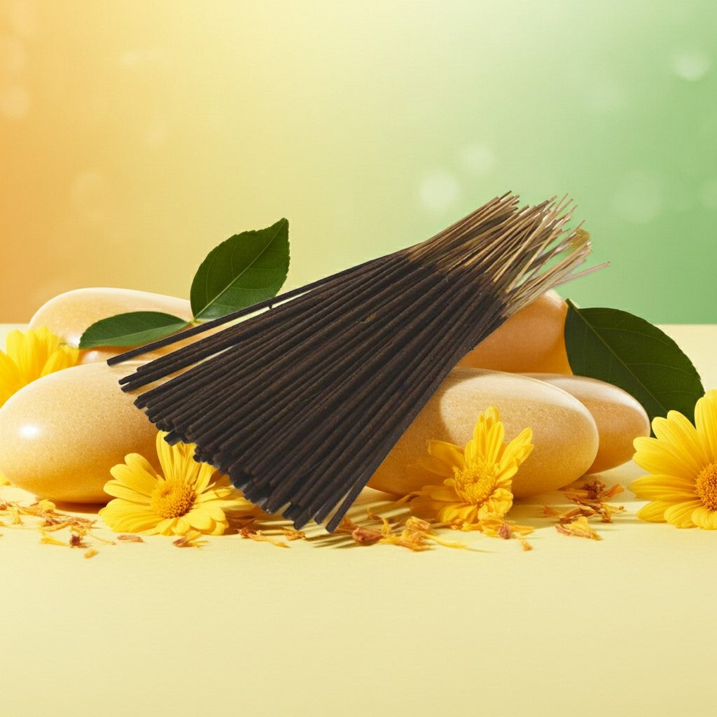 Lemon Incense Sticks with a yellow flower and stones on a yellow background