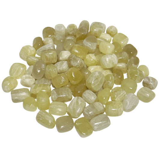 Genuine lemon quartz tumbled stones showcasing their bright yellow hues and unique textures, ideal for healing and emotional clarity.