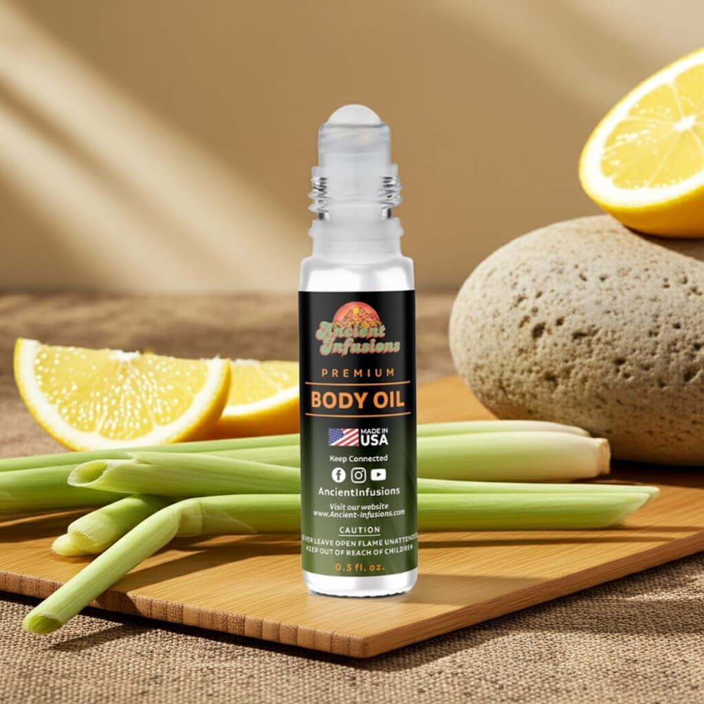 Lemongrass Body oil bottle with lemons and stones on a wooden board