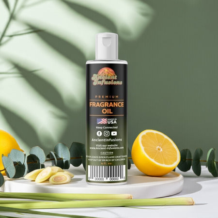 Bottle of Ancient Infusions fragrance oil with lemons and eucalyptus leaves on a light background