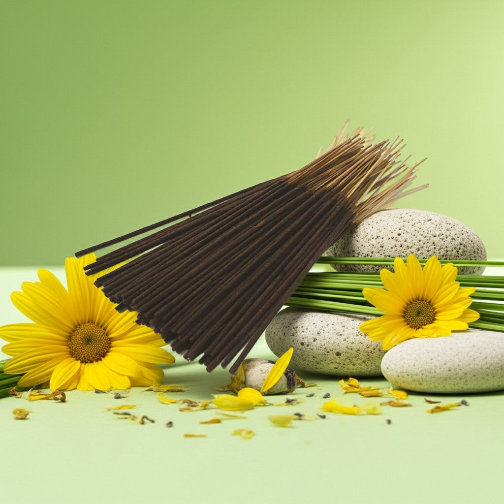 Lemongrass Incense Sticks with a red label on a green leafy background with stones and yellow flowers.