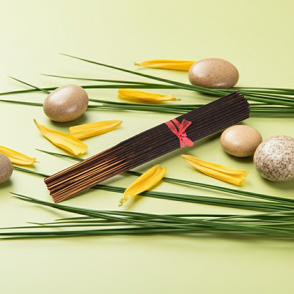 Lemongrass Incense Sticks with a red label on a green leafy background with stones and yellow flowers.