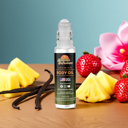 Lick Me All Over body oil bottle on wooden platform with tropical fruit and vanilla accents