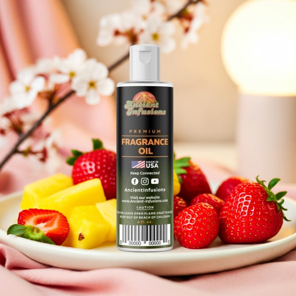 Bottle of fragrance oil with strawberries and pineapple on a plate