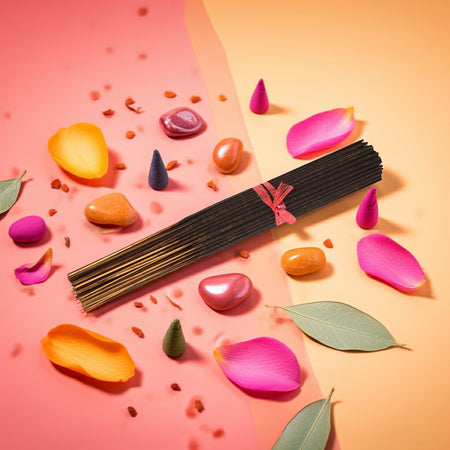 Lick Me All Over Incense Sticks with colorful stones and petals on a pink and orange gradient background